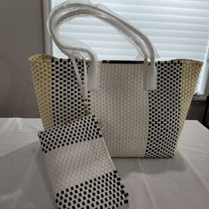 Ted Baker Woven Sophisticated Black and White And Yellow Geometric Tote Set